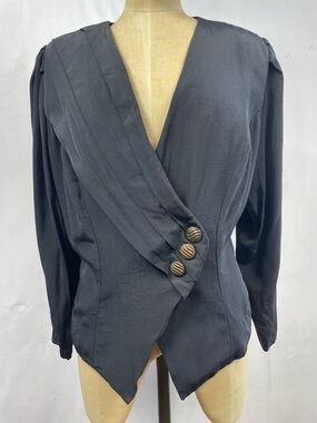 Vtg Venezia Blazer Black LG 80s Shoulder Pads Suit Jacket Boxy Asymmetrical